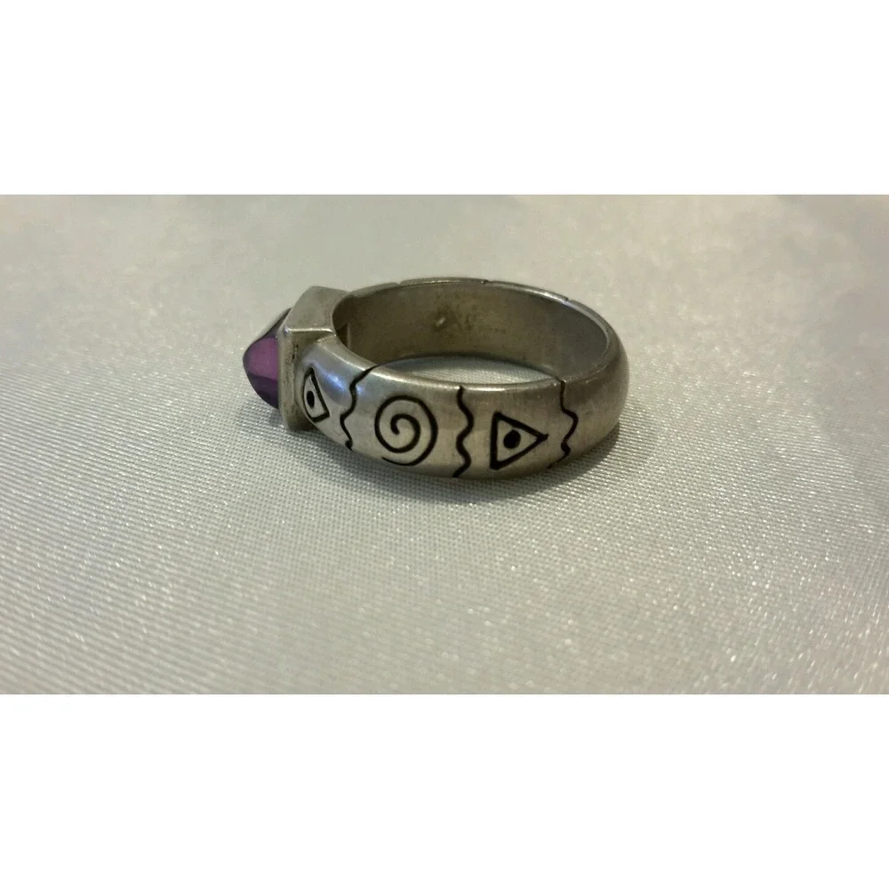 Stamped E amethyst silvertone gemstone band ring sz 6 chevron triangle 6.65g